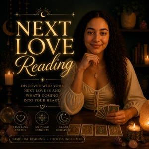 May include: A digital graphic featuring the text NEXT LOVE READING and DISCOVER WHO YOUR NEXT LOVE IS AND WHAT'S COMING INTO YOUR HEART. Below are icons for TRUE LOVE ENERGY, DETAILED INSIGHTS, and CLEAR GUIDANCE, plus SAME DAY READING.