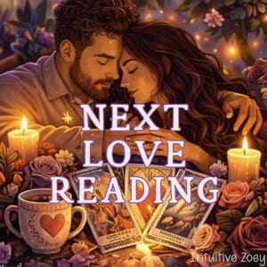 May include: An illustration featuring a couple embracing, with the text "NEXT LOVE READING". The image includes tarot cards, candles, roses, and a cup with a heart design. The overall theme suggests a love and relationship reading.