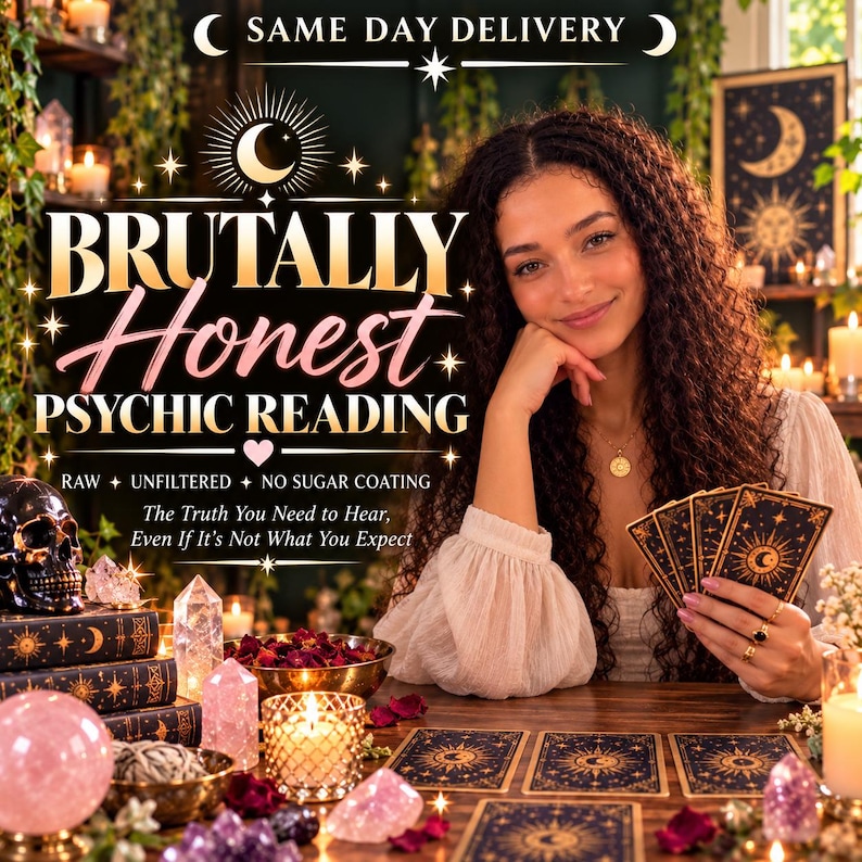 May include: A psychic reading service advertisement featuring the text BRUTALLY HONEST PSYCHIC READING, RAW UNFILTERED NO SUGAR COATING, and The Truth You Need to Hear, Even If It's Not What You Expect, with tarot cards, crystals, and a skull.