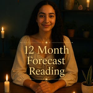 May include: A woman sits at a wooden table with tarot cards, lit candles, and the text "12 Month Forecast Reading." The scene is warmly lit, with plants on shelves in the background. A crescent moon decorates the wall.