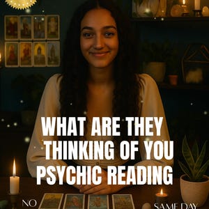 May include: A smiling person is centered in front of a table with tarot cards. The text "WHAT ARE THEY THINKING OF YOU PSYCHIC READING" is displayed. The image includes the text "NO TOOLS" and "SAME DAY DELIVERY". A "BEST SELLER" badge is in the upper left.