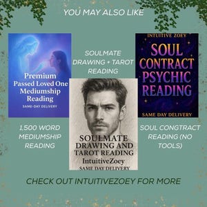 Puede incluir: Anuncio con tres gr&aacute;ficos. El primer gr&aacute;fico tiene un fondo azul con un dibujo de dos personas y el texto "Premium Passed Loved One Mediumship Reading". El segundo gr&aacute;fico es un dibujo de un hombre con el texto "Soulmate Drawing and Tarot Reading". El tercer gr&aacute;fico tiene un fondo morado con el texto "Soul Contract Psychic Reading".