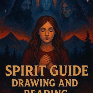 May include: An illustration with the text "INTUITIVEZOEY" at the top. The image features a woman with closed eyes, hands clasped, and long red hair. The words "SPIRIT GUIDE DRAWING AND READING" are in gold lettering. The background has figures and a night sky.