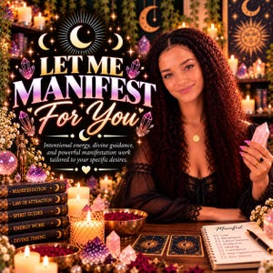 May include: A person with long dark curly hair holds a pink crystal point. The image features text reading LET ME MANIFEST For You, a stack of books labeled Manifestation, Law of Attraction, Spirit Guides, Energy Work, and Divine Timing.