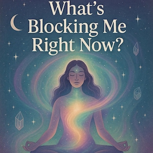 May include: Digital art print showing a person meditating, with the text "INTUITIVEZOEY What's Blocking Me Right Now?" and "SAME DAY DELIVERY". The artwork has a celestial background with a rainbow aura.