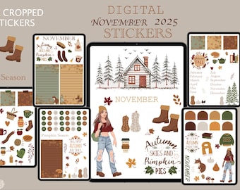 May include: Digital November 2025 stickers with a fall theme. The image features various digital stickers, including boots, pumpkins, and a cabin. Text includes "Pumpkin Season" and "Autumn Skies and Pumpkin Pies."