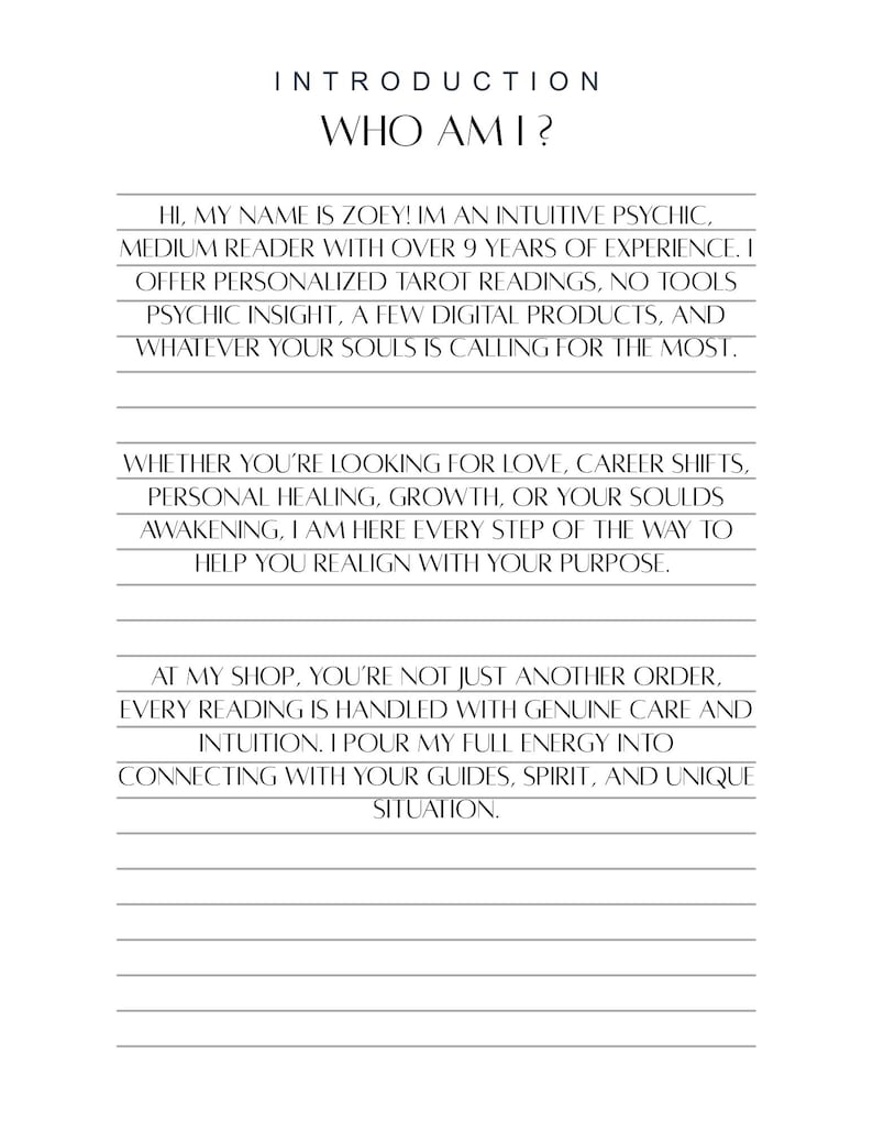 May include: White page with the text "INTRODUCTION" and "WHO AM I?" in a serif font. The text describes a psychic medium with over 9 years of experience offering tarot readings, psychic insight, and digital products.