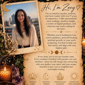 May include: A parchment-style informational card titled Who Am I? featuring a photograph of a person with long dark hair, text describing psychic and tarot services, and icons representing genuine care, intuitive insight, personalized guidance, and support.