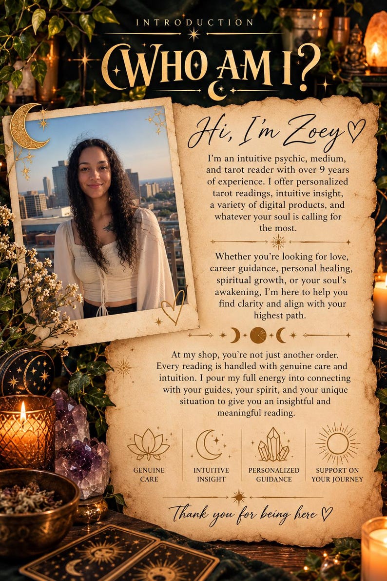 May include: A parchment-style informational card titled Who Am I? featuring a photograph of a person with long dark hair, text describing psychic and tarot services, and icons representing genuine care, intuitive insight, personalized guidance, and support.