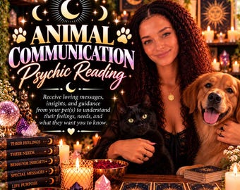 May include: A black cat and a golden retriever sit beside a stack of books titled Their Feelings, Their Needs, Behavior Insights, Special Messages, and Life Purpose. The text reads Animal Communication Psychic Reading.