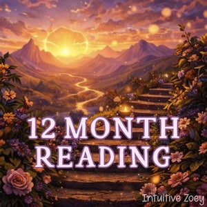 May include: An artistic digital illustration featuring a scenic landscape with mountains, a winding path, and a bright sun. The text "12 MONTH READING" is prominently displayed, with the name "Intuitive Zoey" at the bottom.
