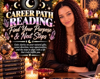 May include: A digital graphic featuring the text CAREER PATH READING Find Your Purpose & Next Steps, surrounded by celestial icons, crystals, and candles. The image includes a stack of books labeled Career Clarity, Opportunities, Manifestation, Abundance, and Success.