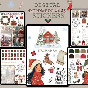 Puede incluir: Pegatinas digitales navideñas para diciembre de 2025, con diversas ilustraciones festivas. Incluye imágenes de muñeco de nieve, árbol de Navidad, reno y el texto "Merry Christmas". Pegatinas PNG precortadas.