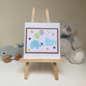 Handgemaakte kaart babyjongen, kaart olifant, babykaart ballon, unieke babykaart, kleurrijke babykaart, kaarten pasgeborene