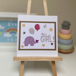 Biglietto per neonata fatto a mano, biglietto per elefante, biglietto per palloncino, biglietto per neonato unico, biglietto per neonato colorato, biglietti per neonato