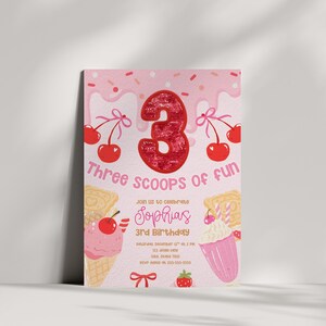 Editable Ice Cream Birthday Invitation: Three Scoops of Fun, 3rd Birthday (Digital Download)