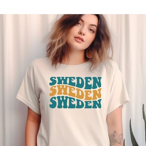 SCHWEDEN Retro-Buchstaben-Schriftart-Schweden-Stolz-Flagge-Farben-Erbe-entspannte Passform Unisex-Stückgefärbtes Baumwoll-T-Shirt Grafik-T-Shirt
