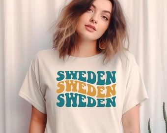 SWEDEN Retro Letters Font Swedish Pride Flag Colors Heritage Relaxed Fit Unisex Garment-Dyed Cotton T-shirt Graphic Tee