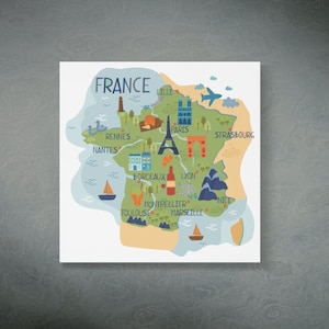 FRANCE Map French Cities Stretched 1.25 Inch Matte Square Canvas Wall Art Pine Frame Eco Friendly Wall Decor VARIOUS SIZES