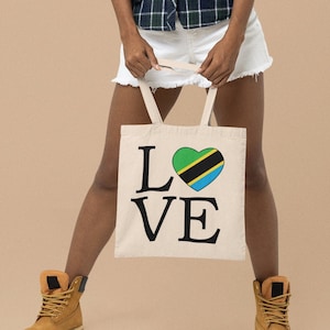LOVE TANZANIA Flag Heart Cotton Canvas 15 x 16 Inch Tote Bag Tanzanian Pride Heritage Ancestry Family Roots Shopping Bag Book Bag