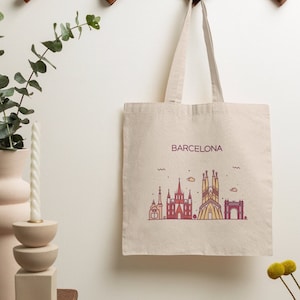 BARCELONA SPAIN City Skyline Spanish Travel Natural 15 x 16 Inch Cotton Canvas Tote Bag Shopping Bag Book Bag