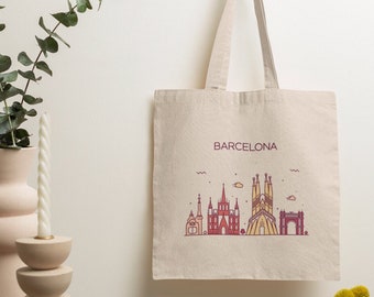 BARCELONA ESPAÑA City Skyline Spanish Travel Natural 15 x 16 pulgadas Bolsa de lona de algodón Bolsa de compras Bolsa de libros