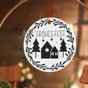 FROHES FEST German White Aluminum Metal Christmas Tree Ornament Germany Holiday Decor