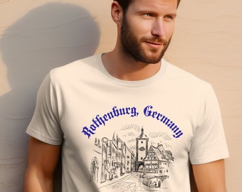 ROTHENBURG ALEMANHA Cena de rua Esboço Viagem Família Alemã Raízes Herança Ancestral Orgulho Unissex Jersey Manga Curta Camiseta Gráfica