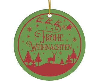 Frohe Weihnachten Reindeer Santa Sleigh German Christmas Tree Round Ceramic Ornament Germany Holiday Decor