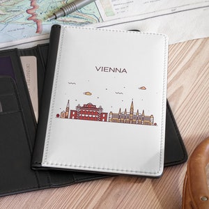 Viena Austria Skyline Minimalista PASSPORT WALLET Cuero sintético Bloqueo RFID Cubierta de pasaporte Accesorio de viaje internacional Regalo