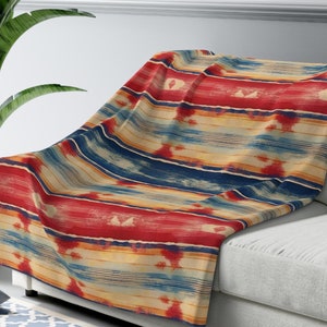 Cozy Sherpa Fleece Blanket, Colorful Grunge Mexican Serape Striped Pattern, Southwestern Home Decor, Throw Blanket