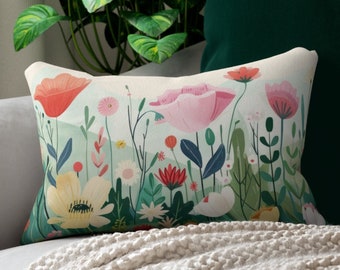 Scandinavian Colorful Flowers Floral Scene 20 x 14 Inch Spun Polyester Lumbar PILLOW + COVER Nordic Home Decor Gift
