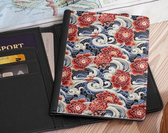 Faux Leather PASSPORT WALLET Japanese Floral Wave Pattern RFID Blocking Passport Cover International Travel Accessory Gift