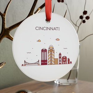 CINCINNATI OHIO City Skyline Illustration, American Travel White Acrylic Ornament, Personalized Gift, Christmas Tree Ornament, Holiday Decor
