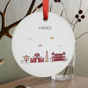 HANOI VIETNAM City Skyline, Vietnamese Travel White Acrylic Ornament, Personalized Christmas Tree Ornament, Holiday Gift, Home Decor