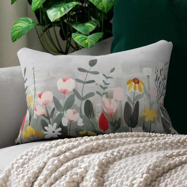 Scandinavian Flowers Floral Art 20 x 14 Inch Spun Polyester Lumbar PILLOW + COVER Nordic Home Decor Gift Water Resistant Cushion