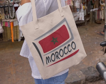 Borsa tote in tela di cotone con bandiera MAROCCO, 15 x 16 pollici, borsa per la spesa, borsa per libri, orgoglio per il paese marocchino, eredità, origini familiari, borsa per la spesa