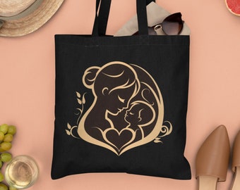 PERSONALIZED Mother's Day Mother Child Graphic Baby Shower Custom Gift 15 x 16 Inch Black Cotton Canvas Tote Bag Shopping Bag Book Bag