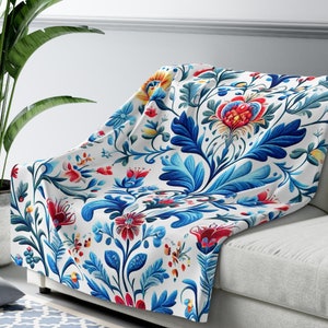 Swedish Inspired Floral Pattern, Cozy Sherpa Fleece Blanket, Soft Nordic Couch Throw Blanket, Scandinavian Gift, Hygge Home Decor