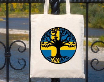 SWEDEN Swedish Family Tree Roots Swedish Heritage Ancestry Pride 15 x 16 Inch Cotton Canvas Tote Bag Shopping Bag Book Bag