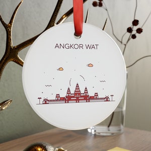 ANGKOR WAT CAMBODIA Skyline Illustration, Cambodian Travel White Acrylic Ornament, Personalized Gift, Christmas Tree Ornament, Holiday Decor