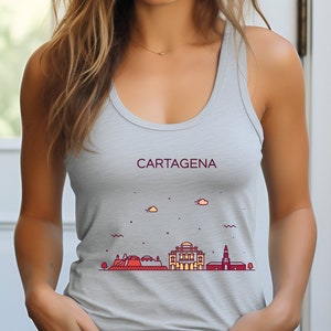 CARTAGENA COLOMBIA City Skyline View Women&#39;s Ideal Fitted Racerback Tank Colombian Travel Graphic Minimalist Scoop Neck Tank Activewear Top