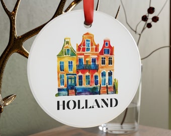 HOLLAND Dutch Architecture Houses Netherlands White Acrylic Ornament with Red Ribbon Christmas Tree Ornament Holiday Gift