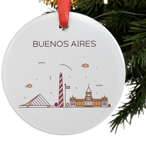 BUENOS AIRES ARGENTINA City Skyline Illustration, Argentinian Travel White Acrylic Ornament, Personalized Christmas Tree Ornament Gift