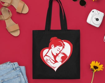 PERSONALIZED Mother's Day Mother Child Graphic Custom Gift 15 x 16 Inch Black Cotton Canvas Tote Bag Shopping Bag Book Bag