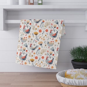 Chickens Nordic Folk Art Scandinavian Bird Pattern Sweden Norway 18 x 30 Inch Kitchen Tea Towel Polyester or Cotton Twill Chicken Lover Gift
