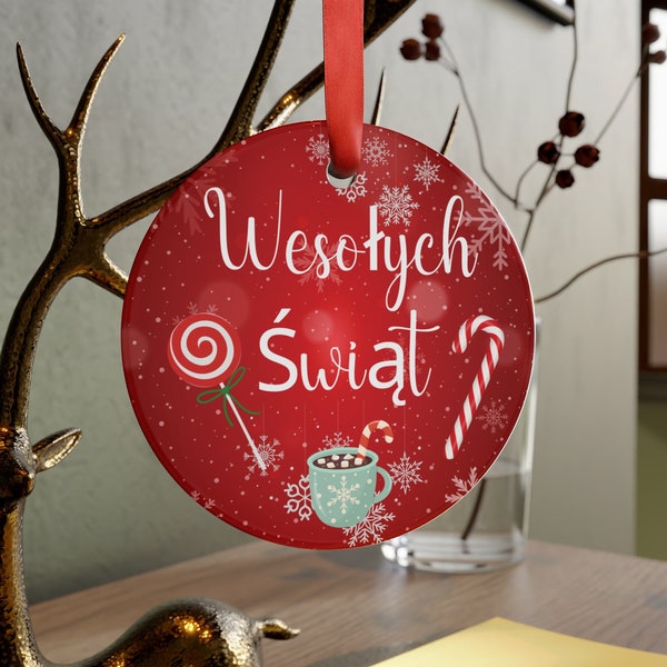 Weolych Swiat POLOGNE Décoration de Noël ronde en acrylique avec ruban rouge, décoration de sapin de Noël, cadeau de vacances