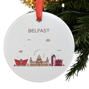 BELFAST IRELAND City Skyline Illustration, Irish Travel White Acrylic Ornament, Personalized Christmas Tree Ornament, Holiday Decor Gift