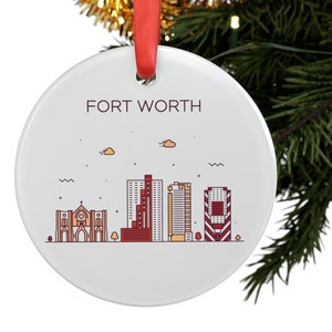 FORT WORTH TEXAS City Skyline, American Travel White Acrylic Ornament, Personalized Christmas Tree Ornament, Holiday Gift, Home Decor