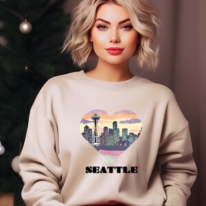 SEATTLE WA Washington Space Needle City Skyline View Heart Graphic Unisex Gildan Heavy Blend™ Crewneck Sweatshirt Pullover Eco Friendly